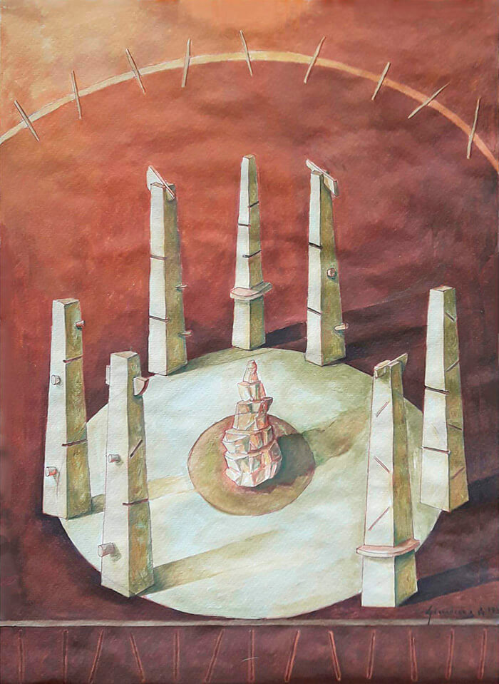 Roberto Gimenez Serie de los Menhires IV. Acuarela sobre papel. 0,34 x 0,45 cm